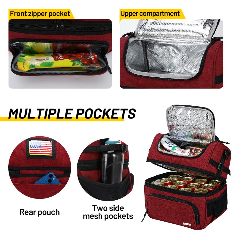 MIER Dual Compartment Lunch Bag Tote with Shoulder Strap for Men and Women Insulated Leakproof Cooler Bag  Dark Red - Image 3